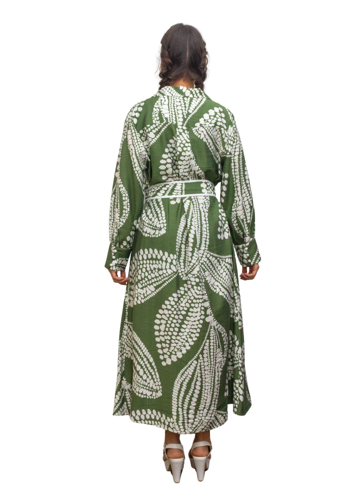 25028-1: Urban Oasis: The Olive Print Maxi Shirt Dress