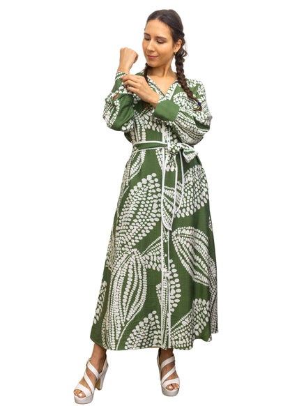 25028-1: Urban Oasis: The Olive Print Maxi Shirt Dress