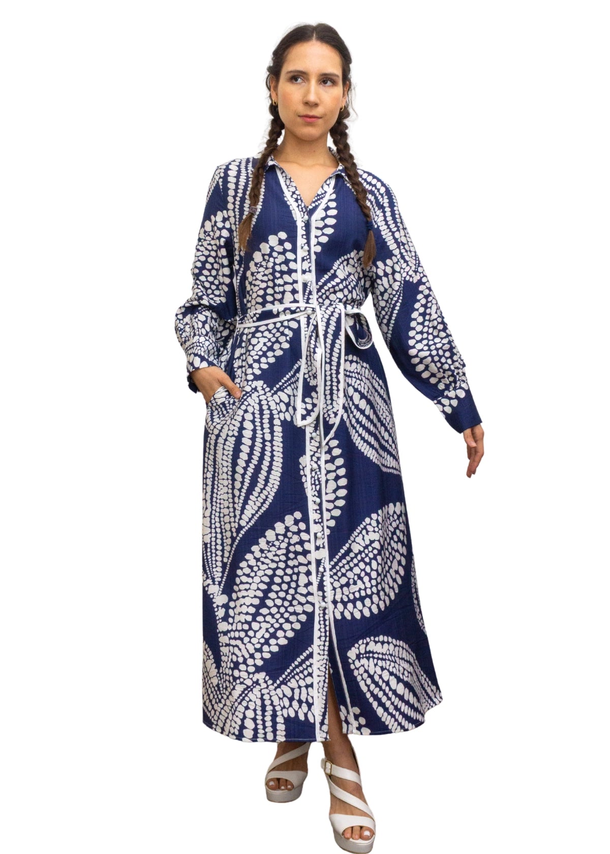 25028-2: Classic Navy: The Abstract Print Maxi Shirt Dress