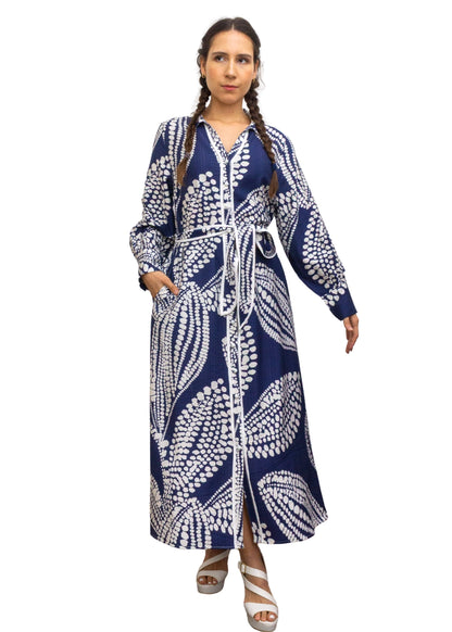 25028-2: Classic Navy: The Abstract Print Maxi Shirt Dress