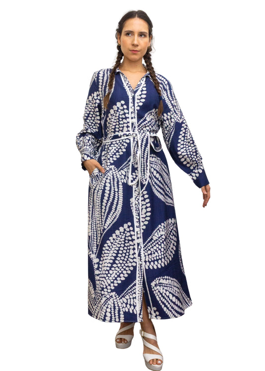 25028-2: Classic Navy: The Abstract Print Maxi Shirt Dress