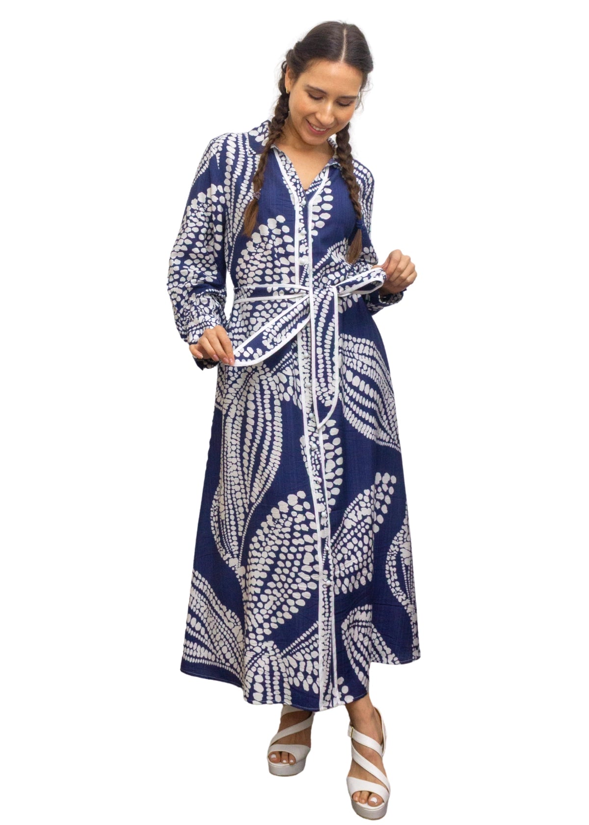 25028-2: Classic Navy: The Abstract Print Maxi Shirt Dress
