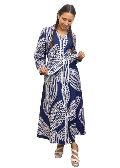 25028-2: Classic Navy: The Abstract Print Maxi Shirt Dress