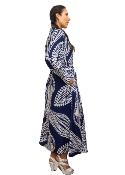 25028-2: Classic Navy: The Abstract Print Maxi Shirt Dress