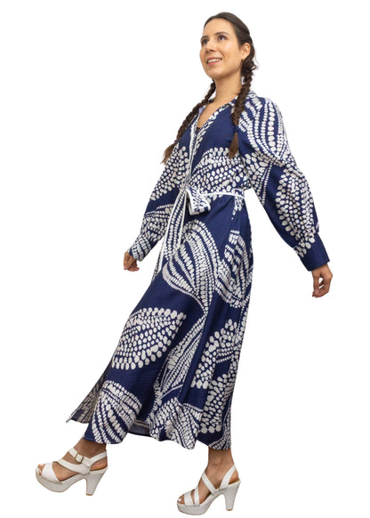 25028-2: Classic Navy: The Abstract Print Maxi Shirt Dress