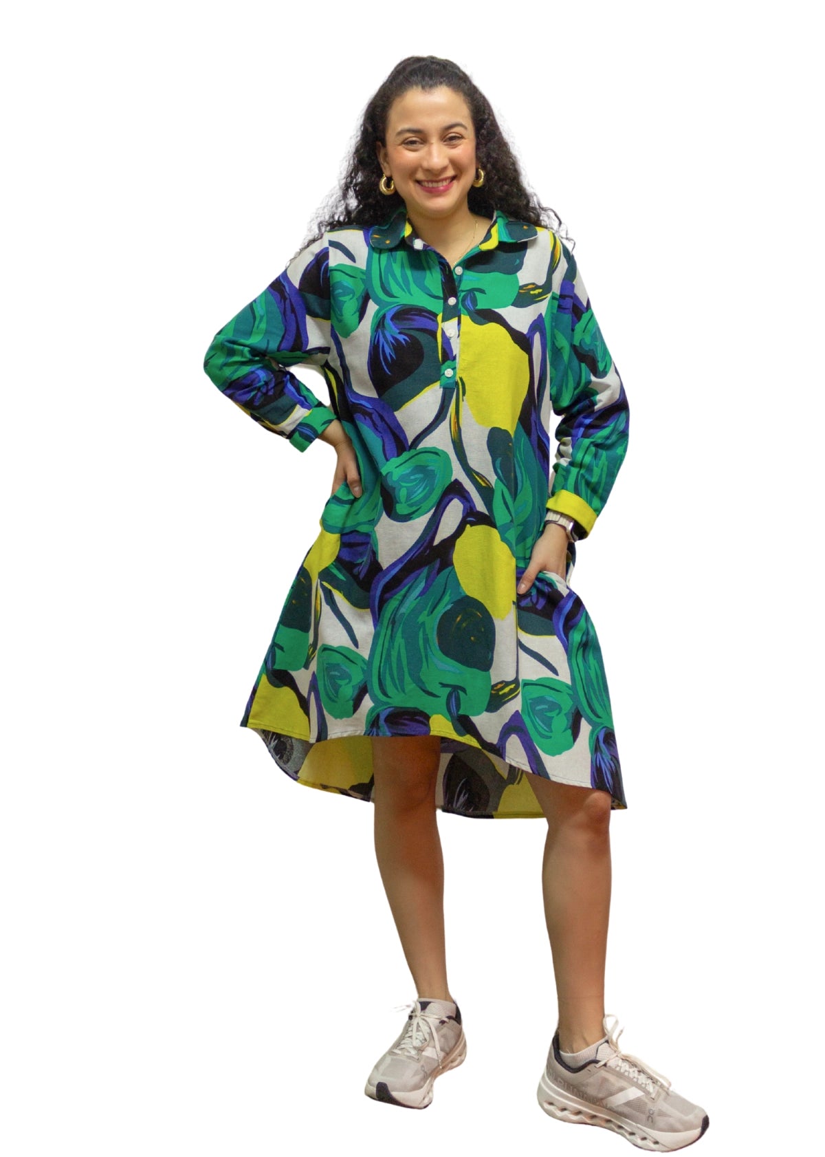 2506-2: Vibrant Emerald Green Abstract Print Cotton Shirt Dress
