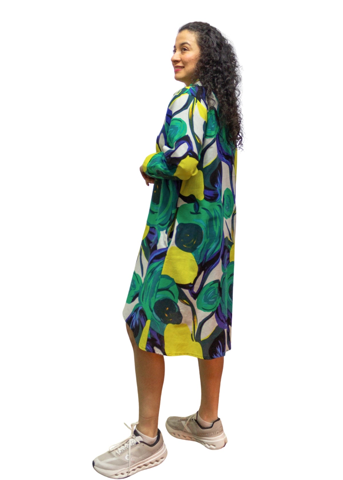 2506-2: Vibrant Emerald Green Abstract Print Cotton Shirt Dress