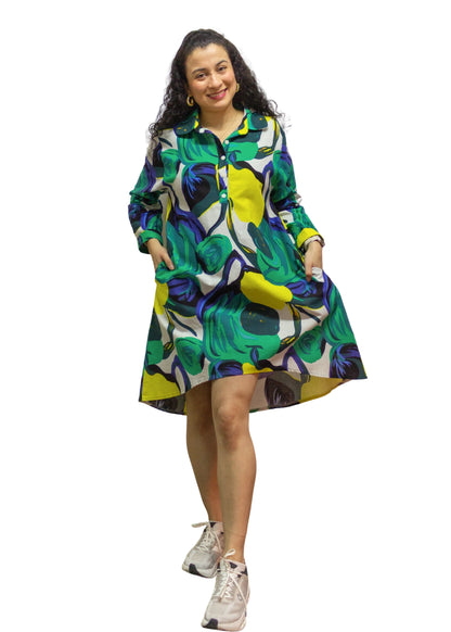 2506-2: Vibrant Emerald Green Abstract Print Cotton Shirt Dress