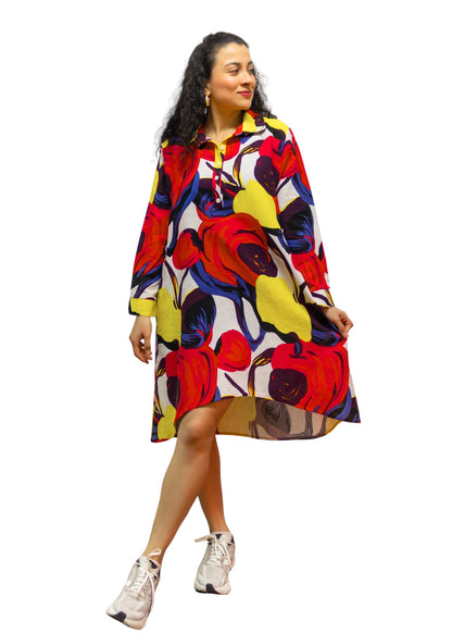 2506-3: Fiery Florals: The Abstract Red Florals Print Cotton Shirt Dress