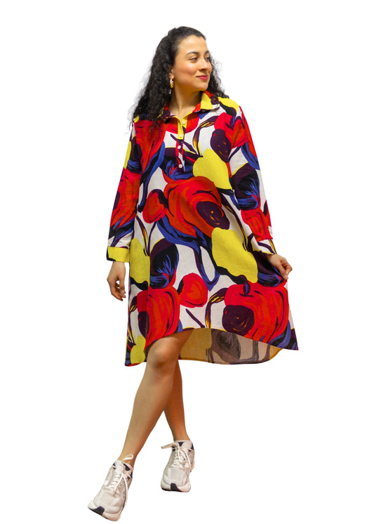 2506-3: Fiery Florals: The Abstract Red Florals Print Cotton Shirt Dress