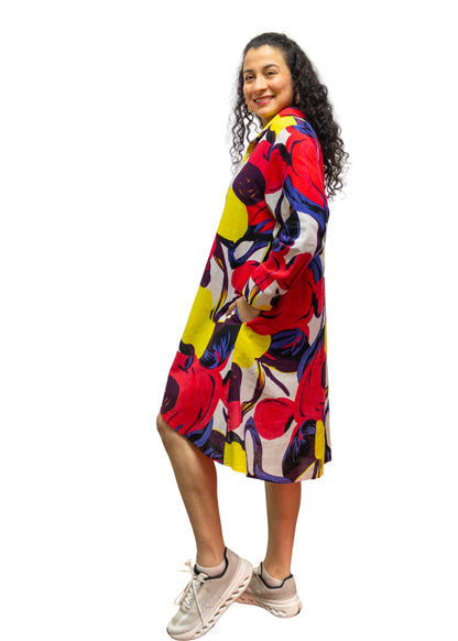 2506-3: Fiery Florals: The Abstract Red Florals Print Cotton Shirt Dress