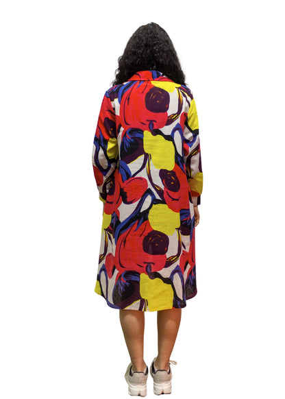 2506-3: Fiery Florals: The Abstract Red Florals Print Cotton Shirt Dress