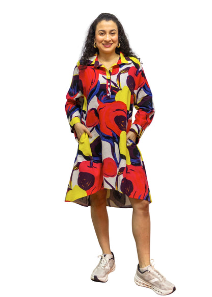 2506-3: Fiery Florals: The Abstract Red Florals Print Cotton Shirt Dress