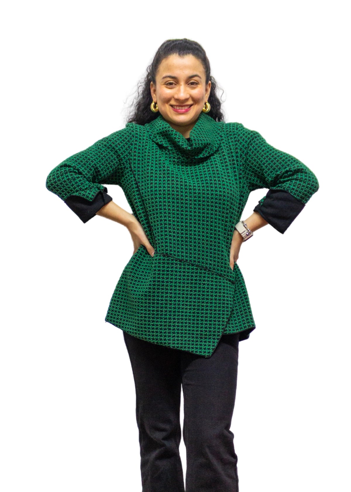 2507-2: COTTON POLYESTER Textured Green Cowl Neck Top
