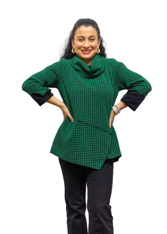 2507-2: COTTON POLYESTER Textured Green Cowl Neck Top