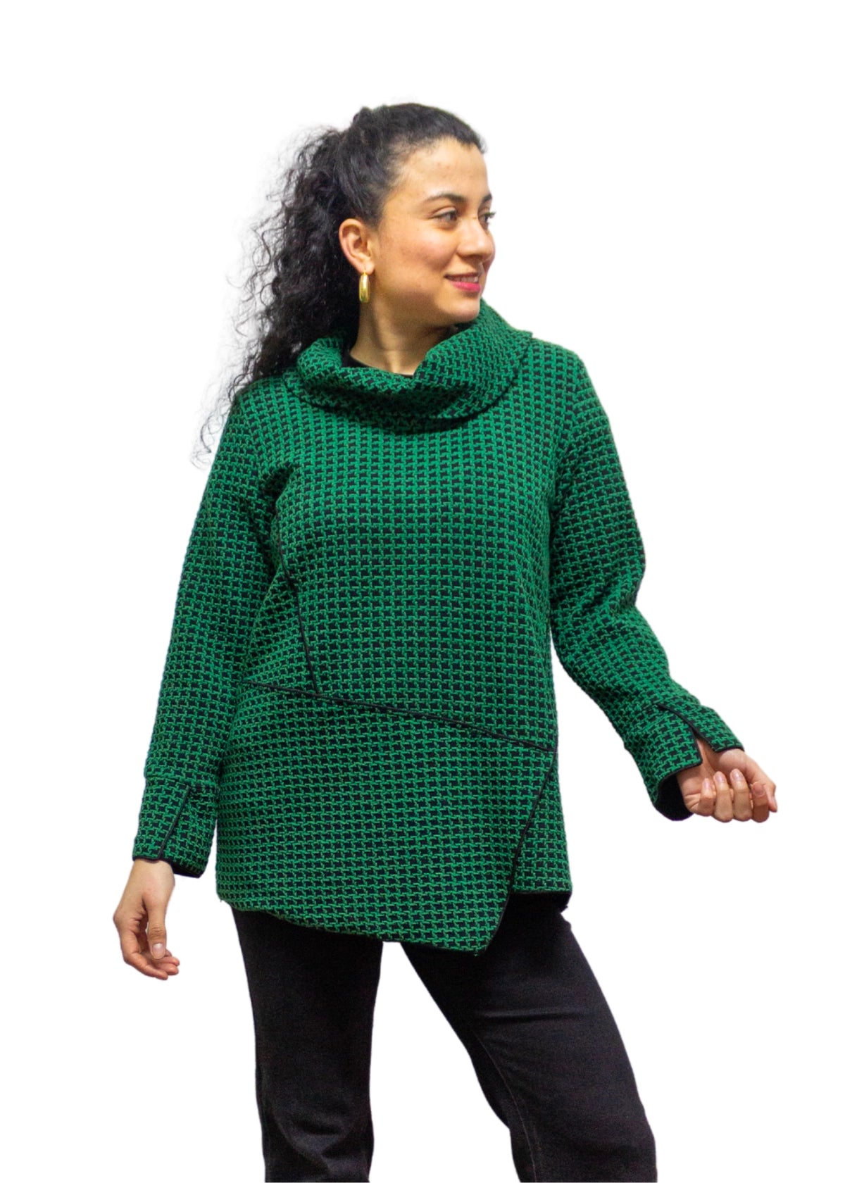 2507-2: COTTON POLYESTER Textured Green Cowl Neck Top
