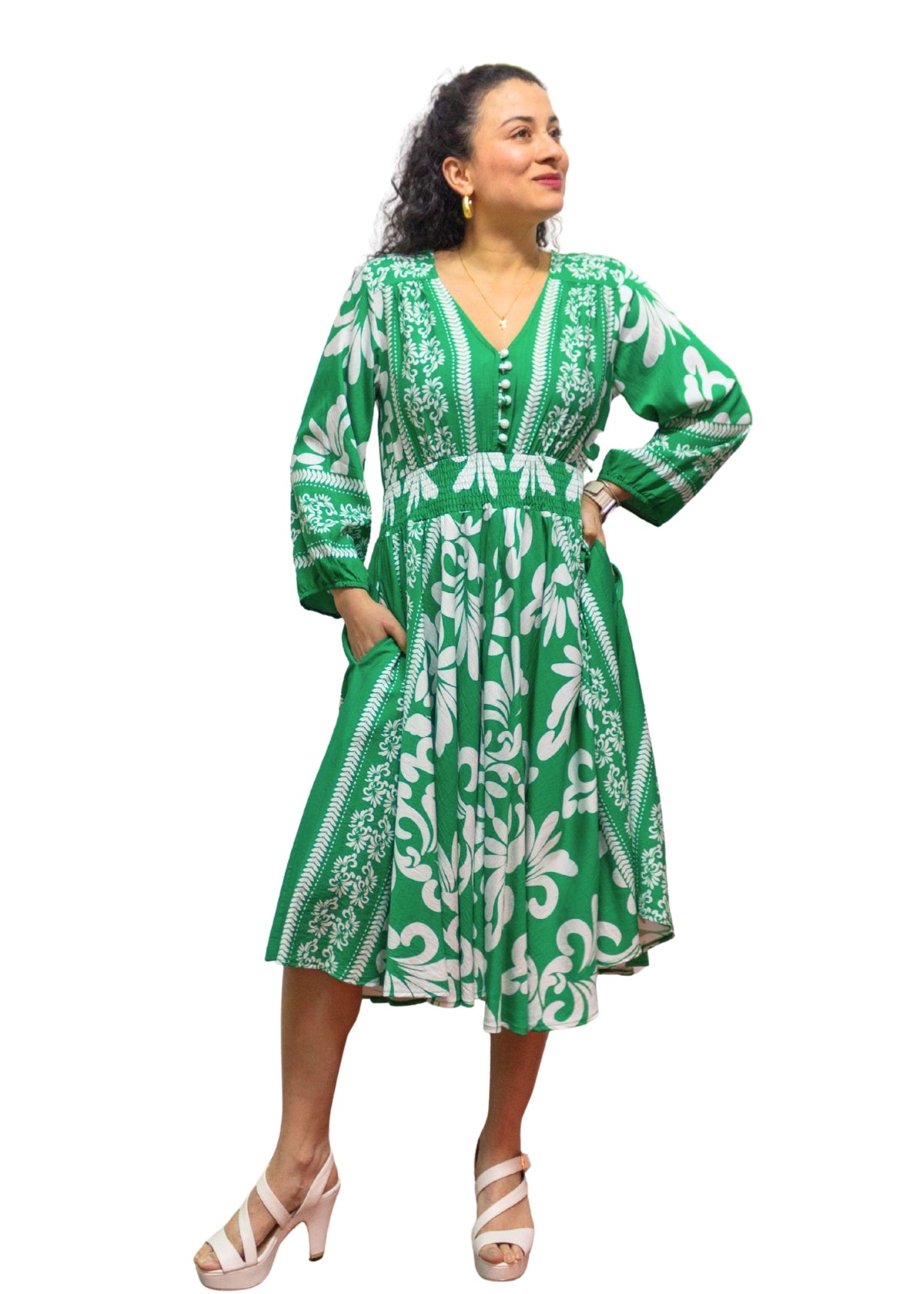 5830-1: Emerald Bloom: The Green & White Print Midi Dress