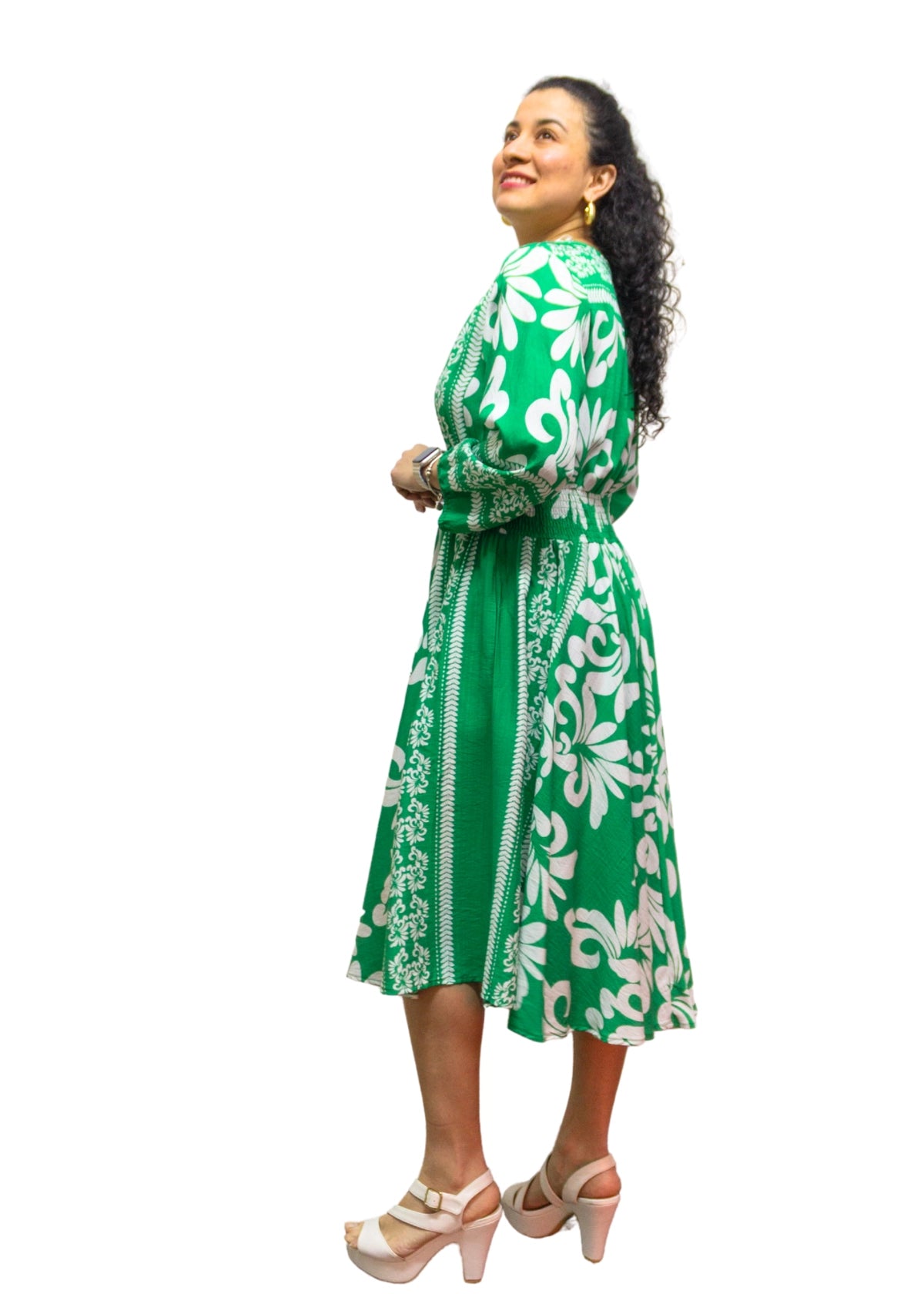 5830-1: Emerald Bloom: The Green & White Print Midi Dress