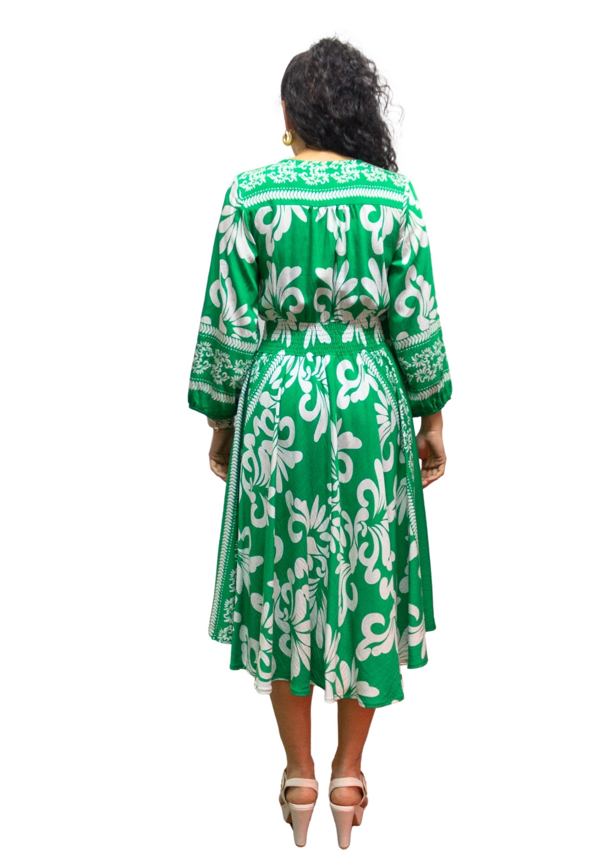 5830-1: Emerald Bloom: The Green & White Print Midi Dress