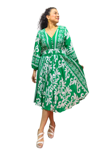 5830-1: Emerald Bloom: The Green & White Print Midi Dress