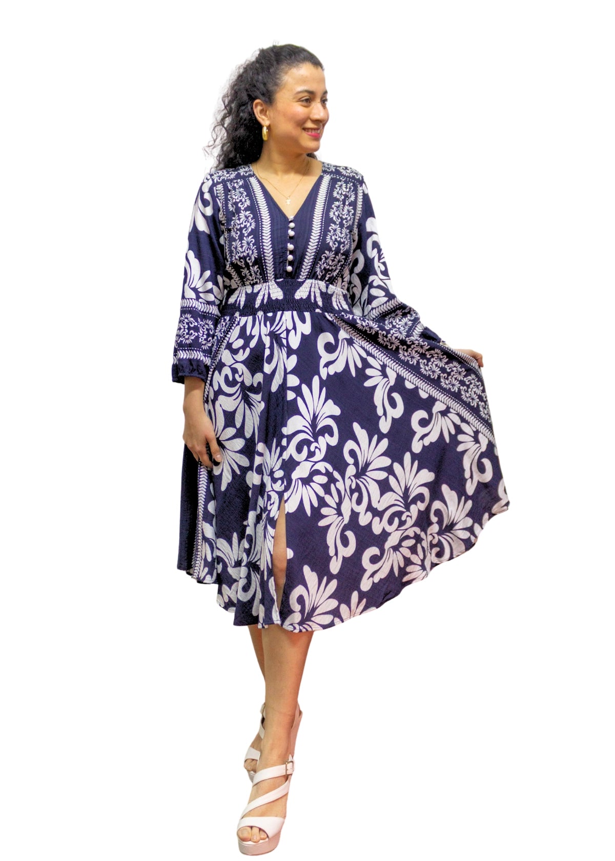 5830-2: Nautical Elegance: The Navy & White Print Midi Dress