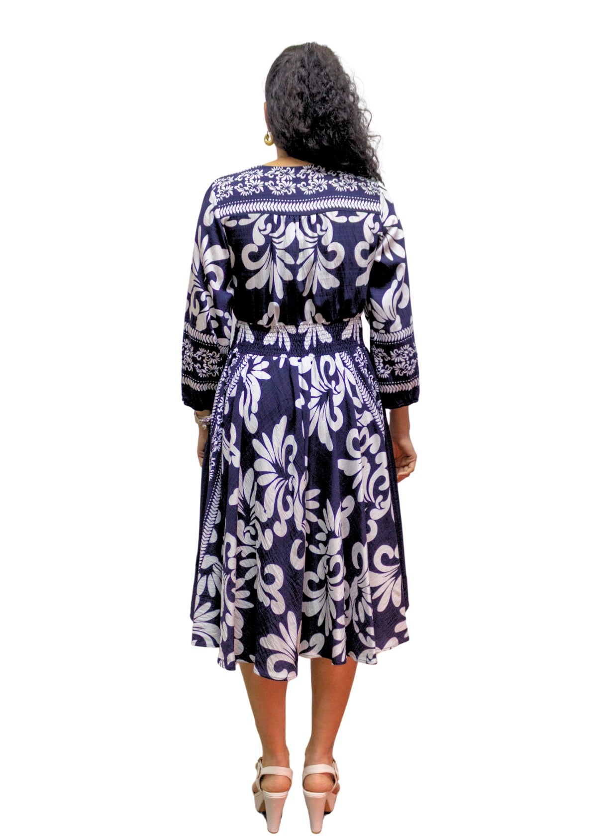 5830-2: Nautical Elegance: The Navy & White Print Midi Dress