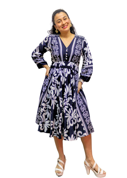 5830-2: Nautical Elegance: The Navy & White Print Midi Dress