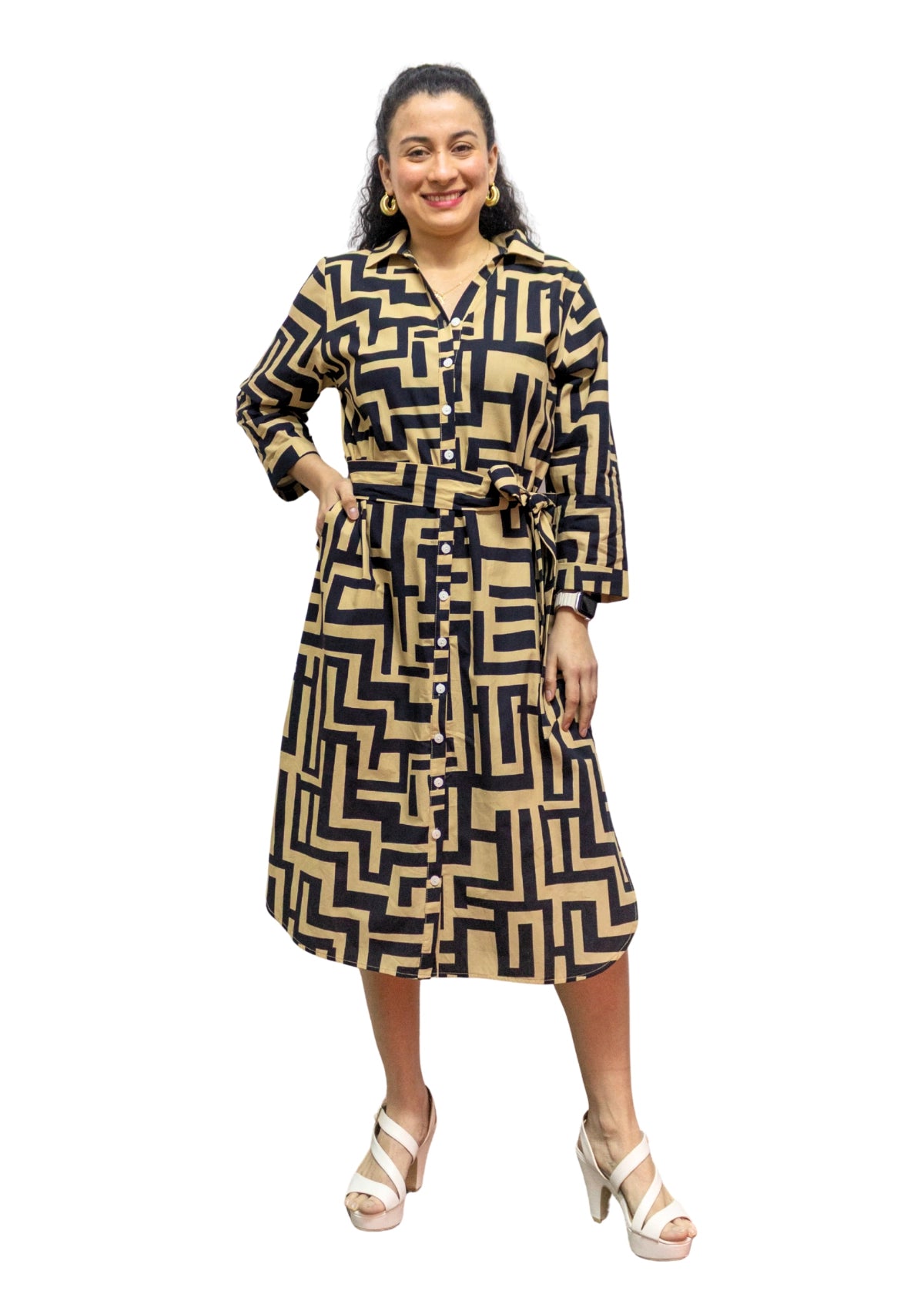 5832-1: COTTON Geometric Gold-Black Print Shirtdress