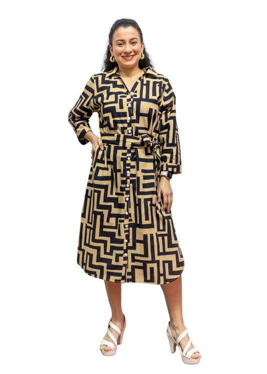 5832-1: COTTON Geometric Gold-Black Print Shirtdress