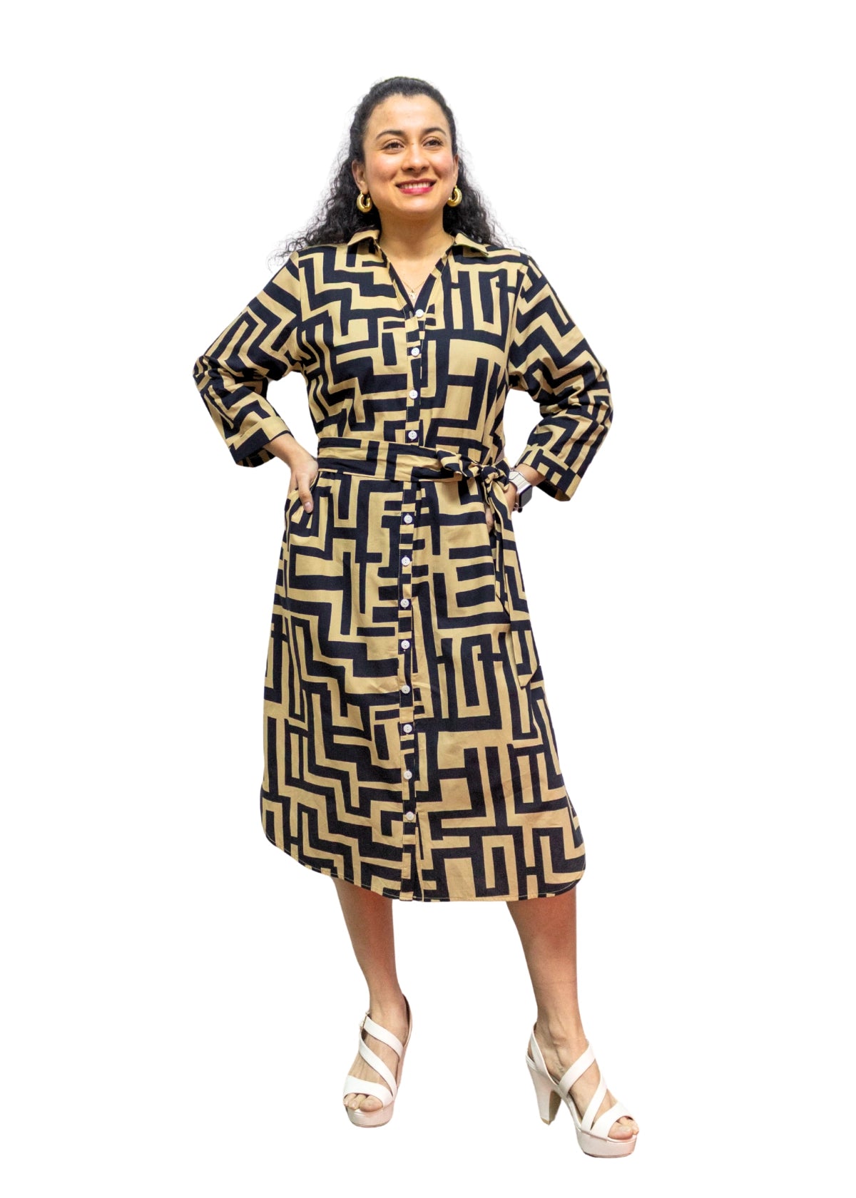 5832-1: COTTON Geometric Gold-Black Print Shirtdress