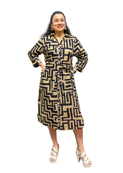 5832-1: COTTON Geometric Gold-Black Print Shirtdress