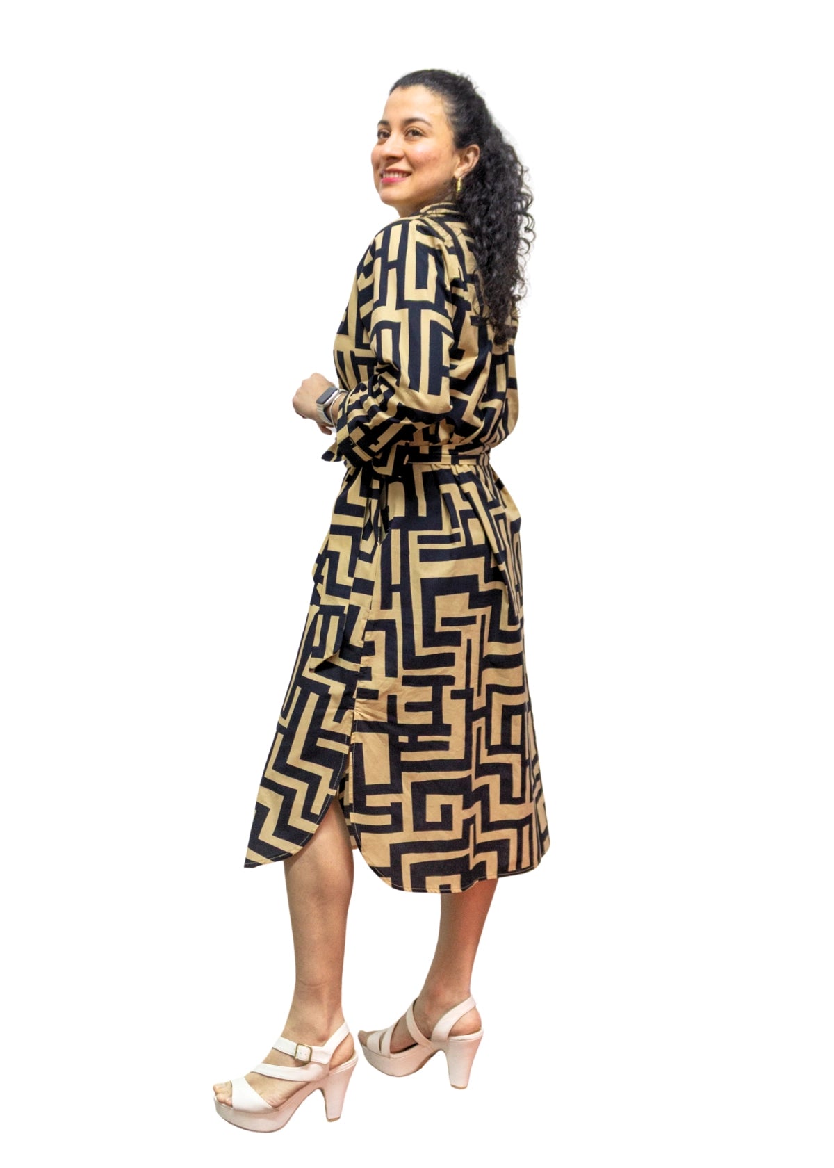 5832-1: COTTON Geometric Gold-Black Print Shirtdress