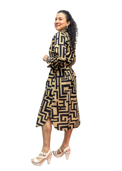 5832-1: COTTON Geometric Gold-Black Print Shirtdress
