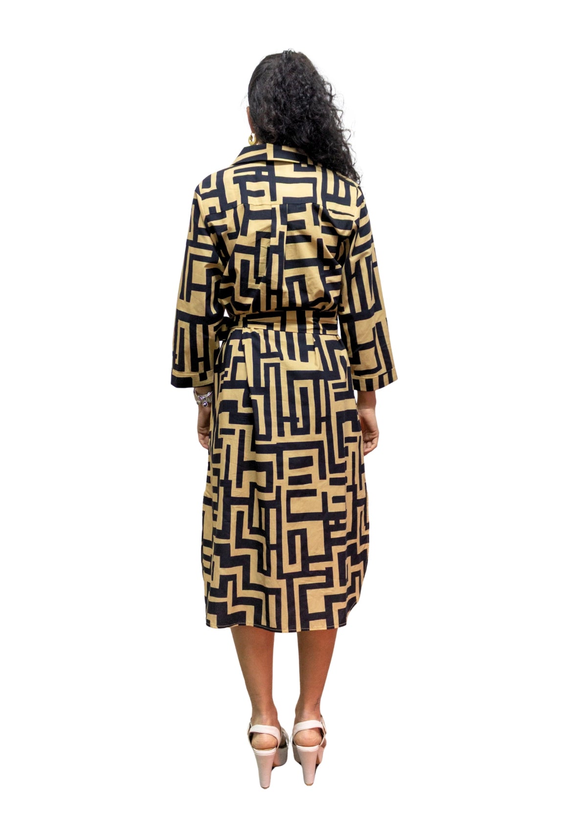 5832-1: COTTON Geometric Gold-Black Print Shirtdress