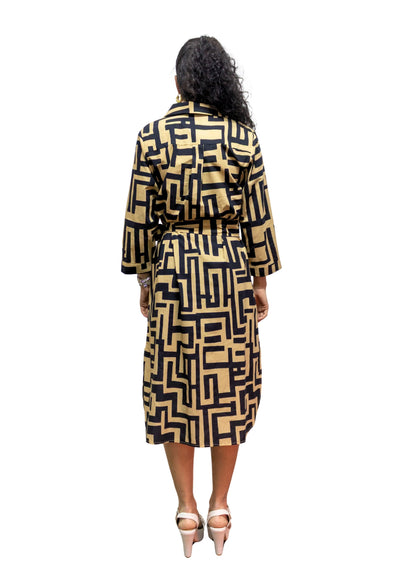 5832-1: COTTON Geometric Gold-Black Print Shirtdress