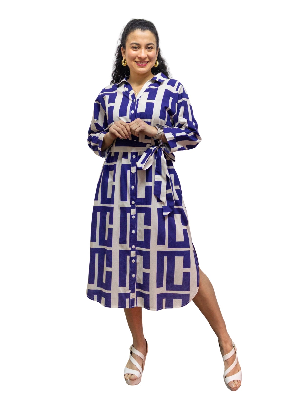 5832-2: Bold Geometric Blue-White Cotton Shirtdress