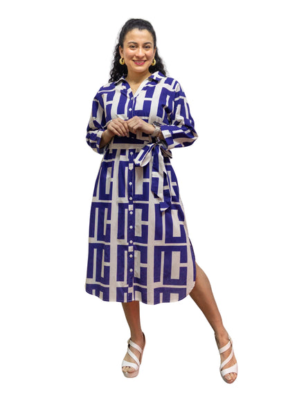 5832-2: Bold Geometric Blue-White Cotton Shirtdress