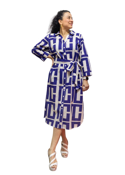 5832-2: Bold Geometric Blue-White Cotton Shirtdress