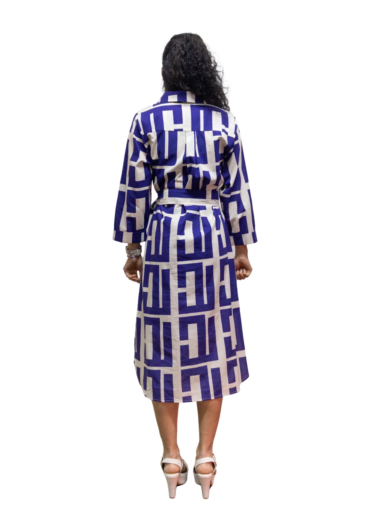 5832-2: Bold Geometric Blue-White Cotton Shirtdress