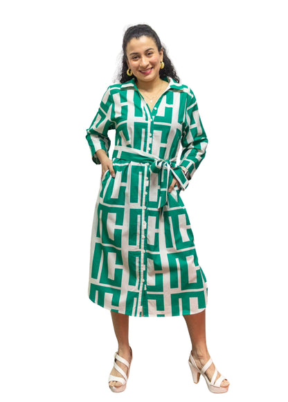 5832-3: Green-White Dynamic Geometric Cotton Shirtdress