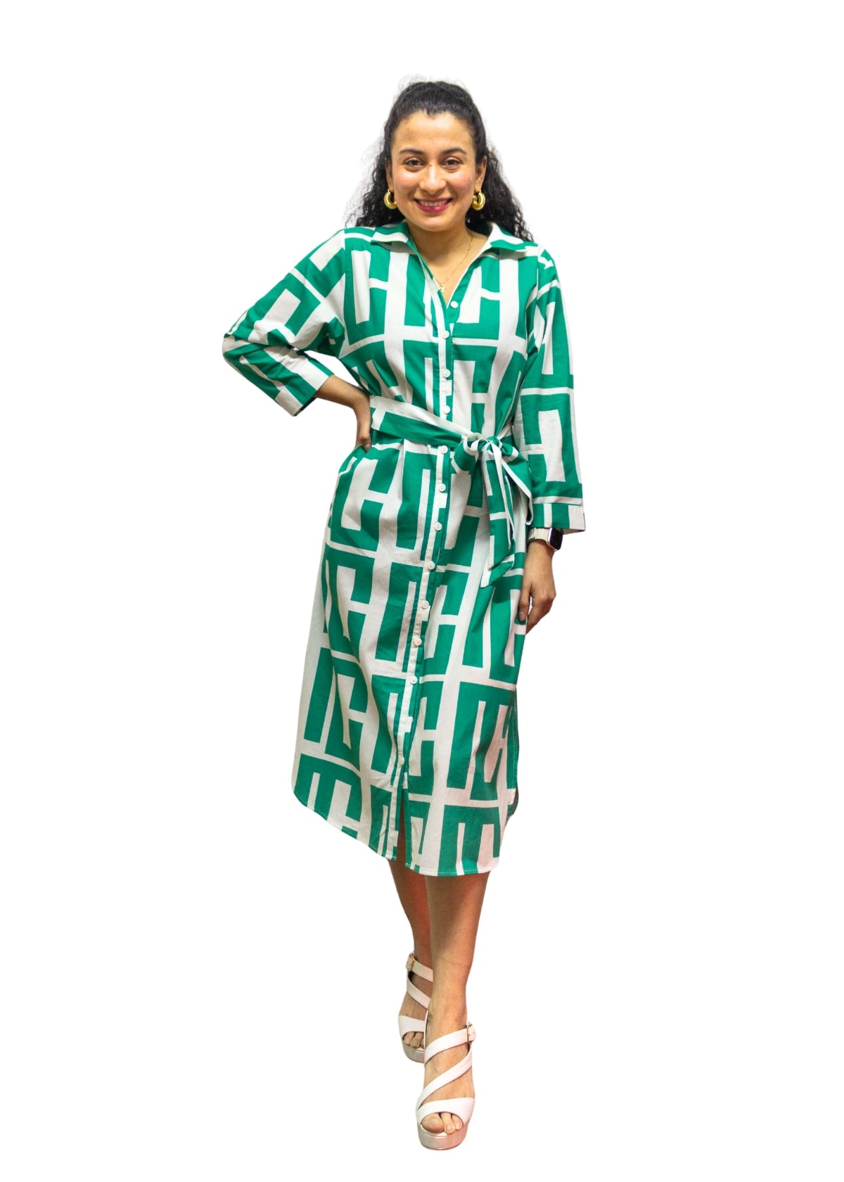 5832-3: Green-White Dynamic Geometric Cotton Shirtdress