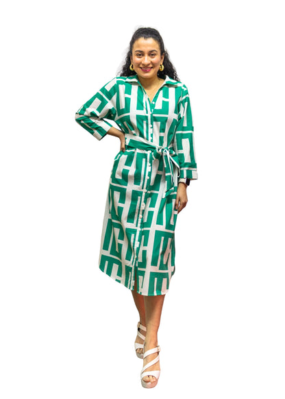 5832-3: Green-White Dynamic Geometric Cotton Shirtdress