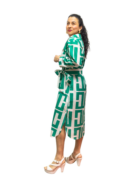 5832-3: Green-White Dynamic Geometric Cotton Shirtdress