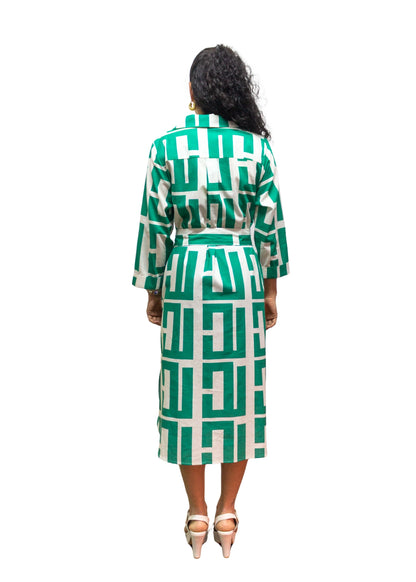 5832-3: Green-White Dynamic Geometric Cotton Shirtdress