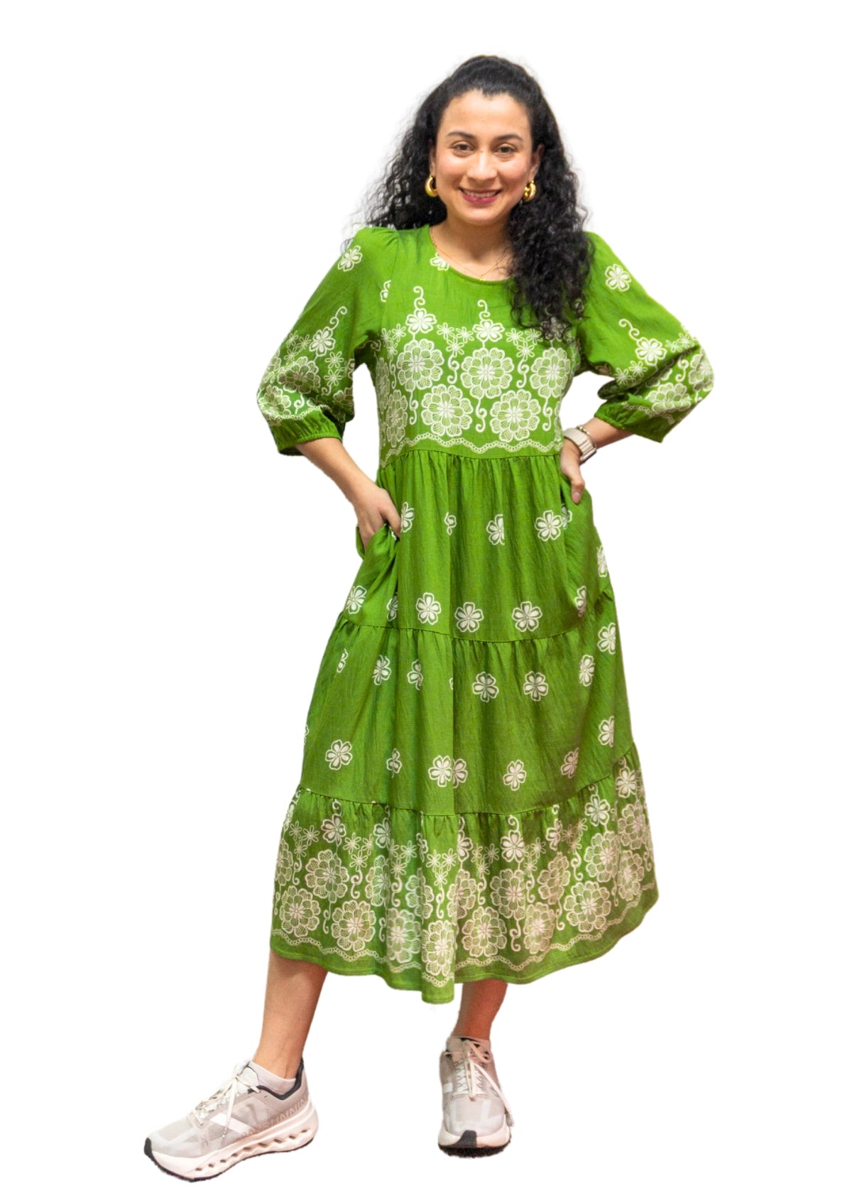 5839-1: Meadow Green: The Folk-Print Tiered Midi Dress