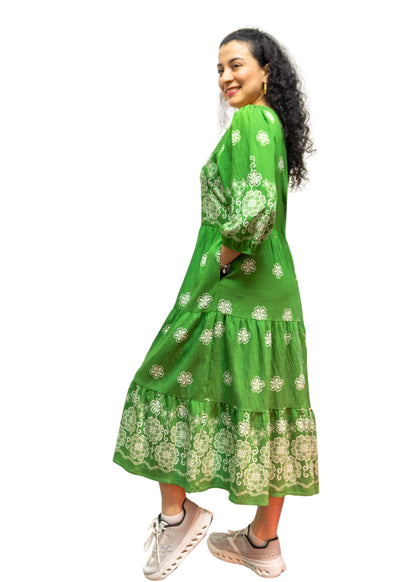 5839-1: Meadow Green: The Folk-Print Tiered Midi Dress