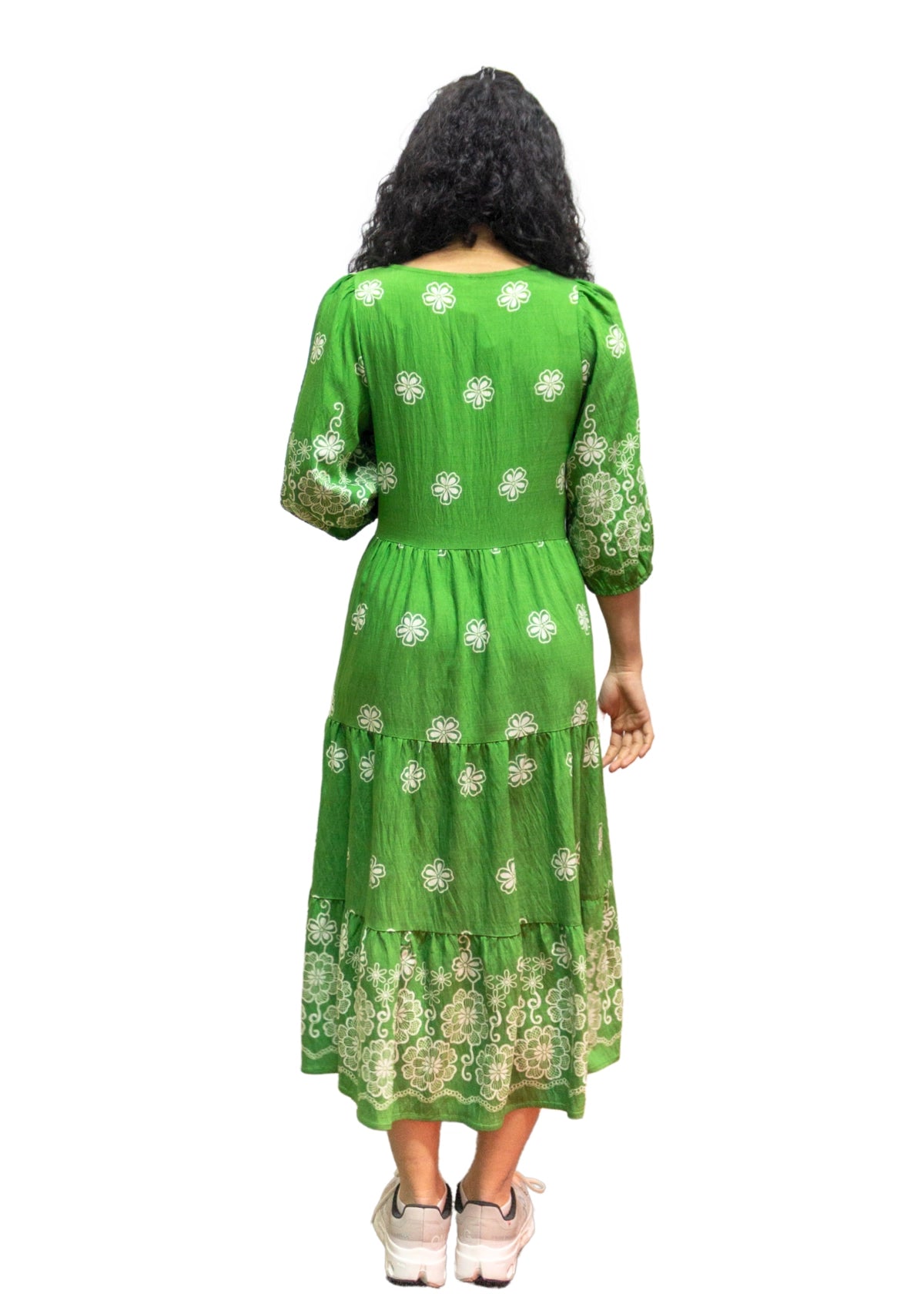 5839-1: Meadow Green: The Folk-Print Tiered Midi Dress