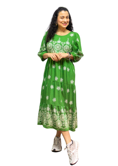 5839-1: Meadow Green: The Folk-Print Tiered Midi Dress