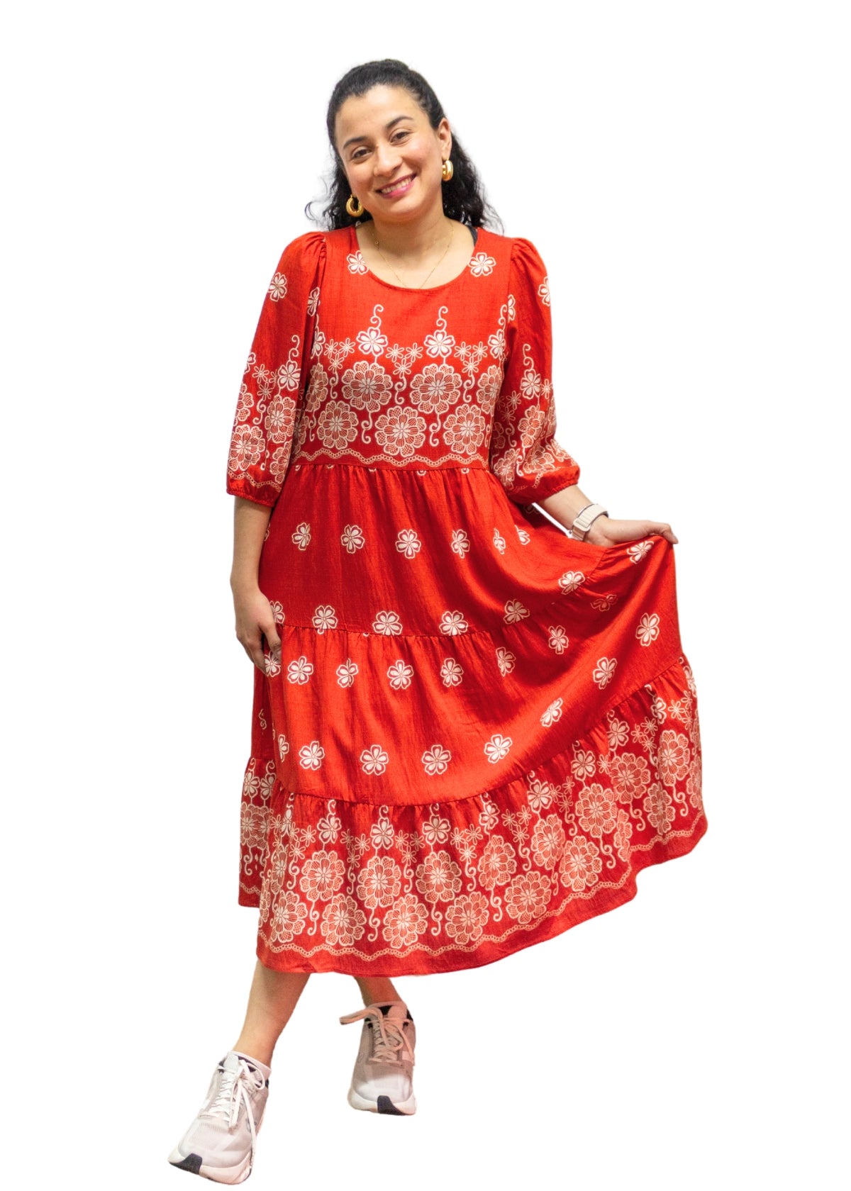 5839-3: Fiery Charm: The Orange Folk-Print Tiered Dress