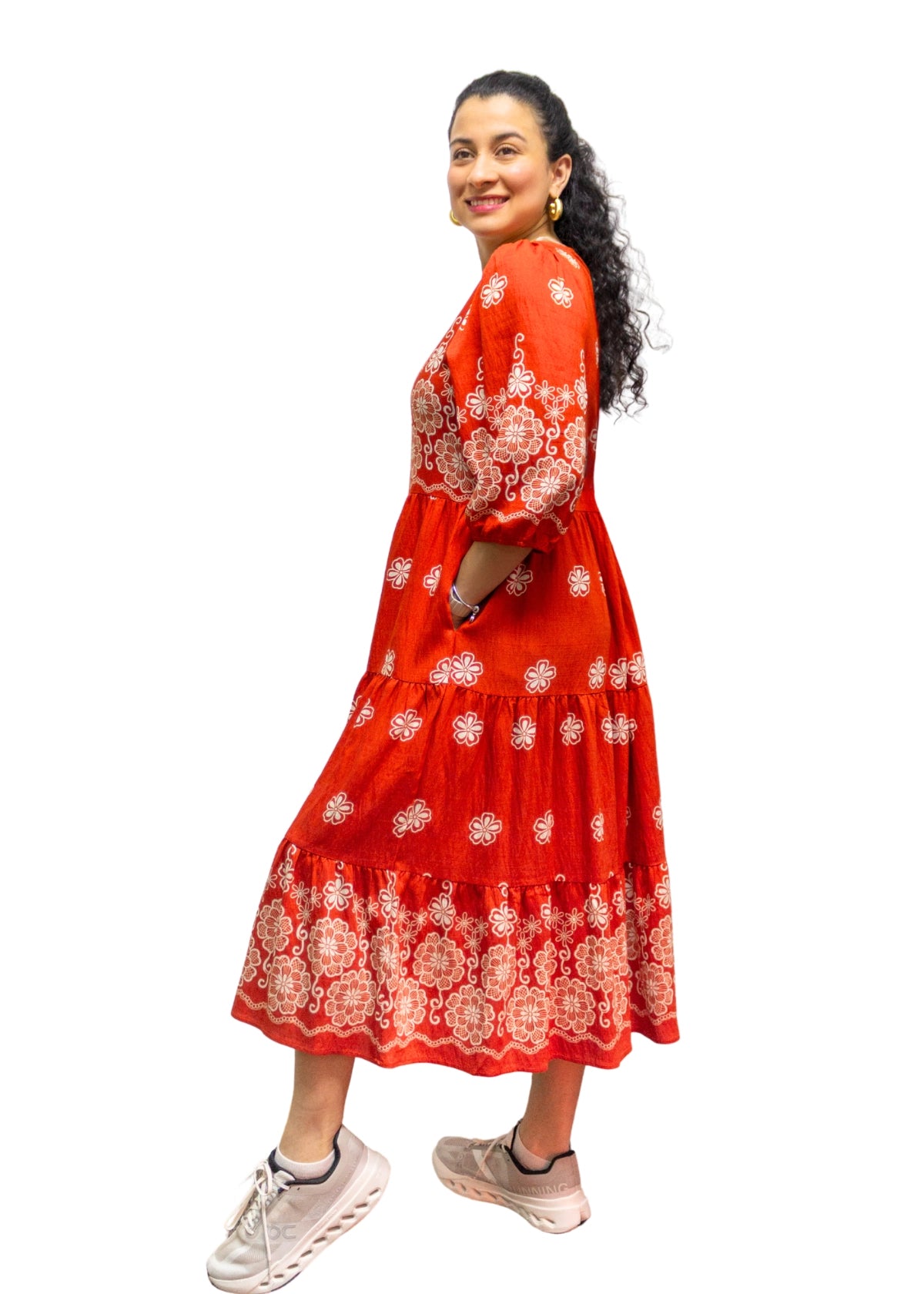 5839-3: Fiery Charm: The Orange Folk-Print Tiered Dress